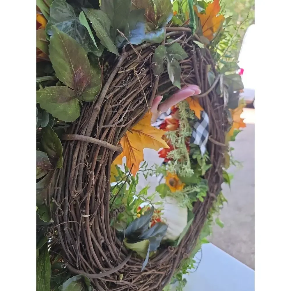 Large Buffalo plaid fall wreath-white pumpkin wreath, lambs ear wreath